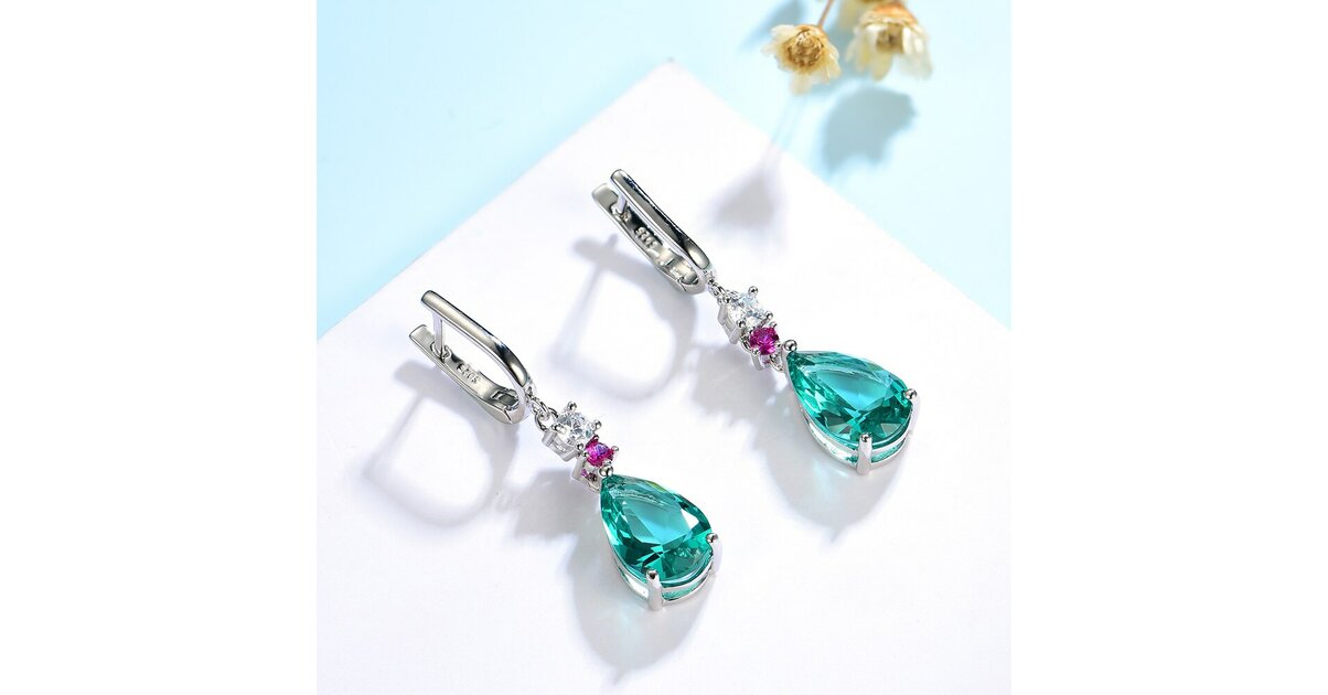 Boucles D'oreilles Anciennes En Argent Massif Avec émeraude Sculptée, Perle Et Tourmaline - Pendantes Style Boucle - Occasion
